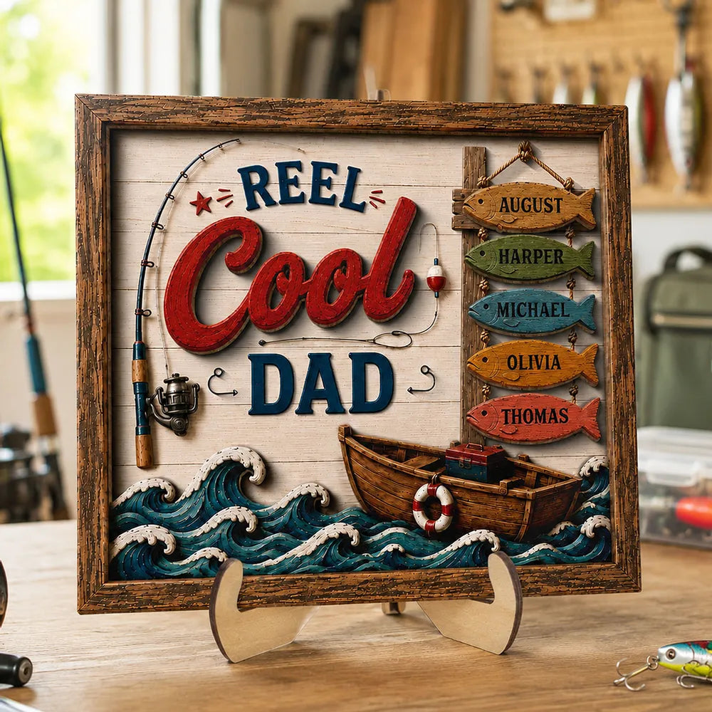 Reel Cool Dad Custom Kids Names Fishing - Personalized Wooden Plaque ...